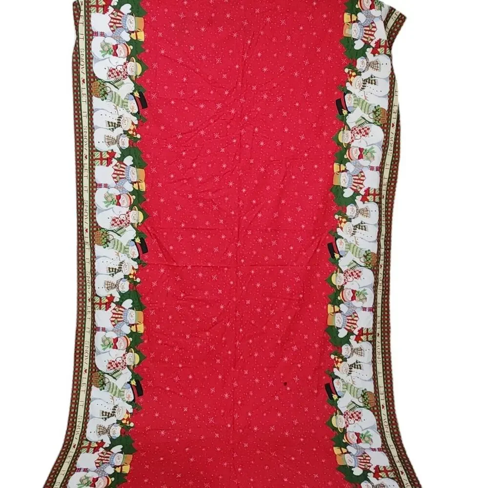VTG 1990s Cottage Handmade Christmas Tablecloth Let It Snow Snowman Red 88×56